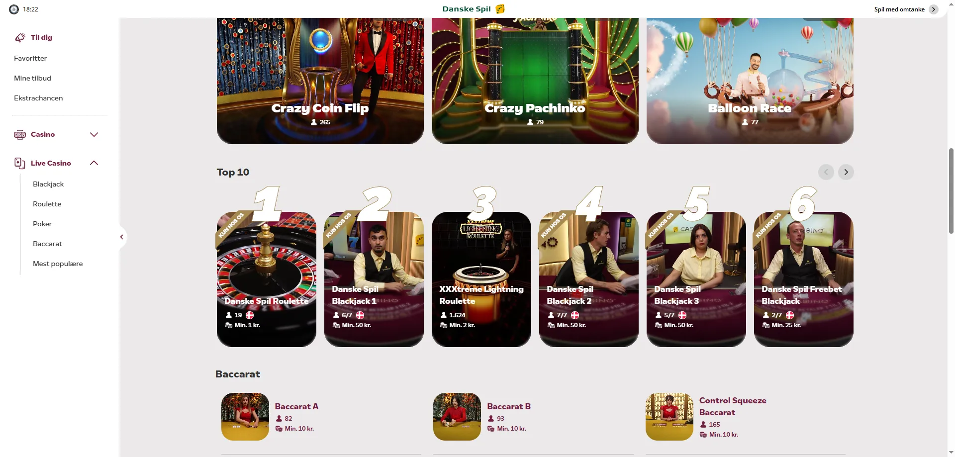 DanskeSpil Casino live casino med professionelle dealere og roulette